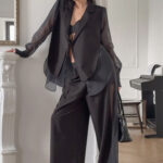 Mesh Tie Waist Wide Leg Pants Blazer