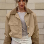 Retro Color Block Collared Utility Cropped Casual Jacket