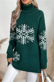 Solid Color Turtleneck Snowflake Print Sweater - Image 9
