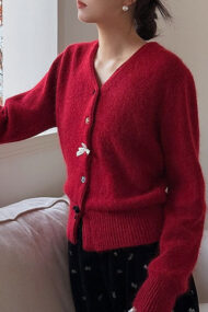 V Neck Bow Detail Button Cardigan - Image 3