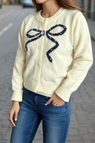 Solid Bow Jacquard Round Cardigan - Image 13