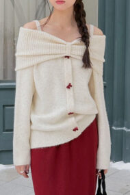 Off-Shoulder Bow Button Long Sleeve Wool Knitted Sweater - Image 6