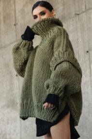 Solid Patchwork Chunky Fluffy Turtleneck Sweater - Image 13