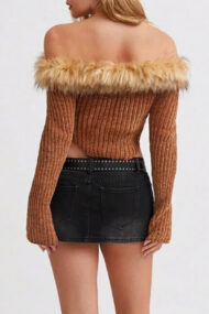 Off-the-Shoulder Fur Trim Slim Sweater - Image 5
