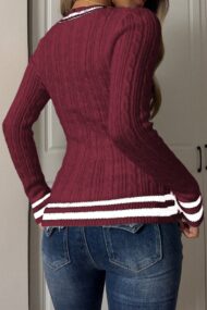 Color Block Striped Deep V Slim Sweater - Image 11