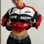 Letter Design Zip Color Block Biker Chic Long Sleeve Jacket