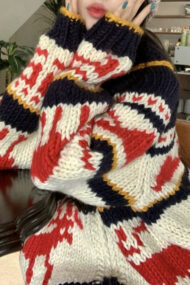 Knitted Relaxed Deer Striped Sweater - Image 5