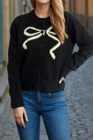 Solid Bow Jacquard Round Cardigan - Image 8