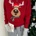 Crew Neck Color Block Deer Sweater