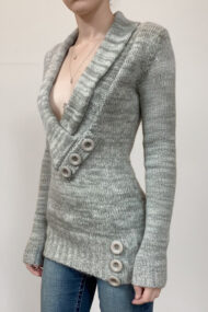 Vintage Paneled Asym V Neck Button Solid Sweater - Image 2