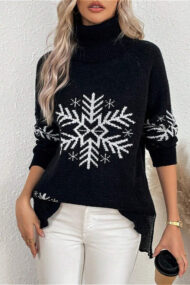 Solid Color Turtleneck Snowflake Print Sweater - Image 7
