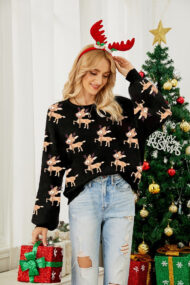 Deer Cartoon Contrast Sweater - Image 2