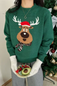 Crew Neck Color Block Deer Sweater - Image 3