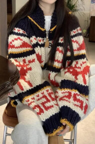 Knitted Relaxed Deer Striped Sweater - Image 3