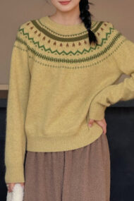 Fair Isle Pattern Loose Crew Neck Color Block Minimalist Sweater - Image 7