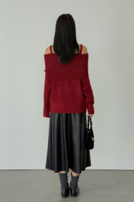 Off-Shoulder Bow Button Long Sleeve Wool Knitted Sweater - Image 5