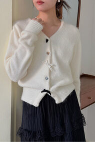 V Neck Bow Detail Button Cardigan - Image 7