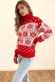 Turtleneck Color Block Snowflake Print Sweater - Image 3