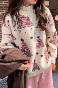 Color Block Snowflake Tree Pattern Knit Sweater - Image 6