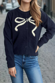 Solid Bow Jacquard Round Cardigan - Image 5