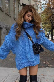 Solid Patchwork Chunky Fluffy Turtleneck Sweater - Image 4