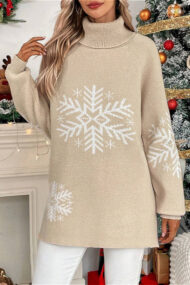 Solid Color Turtleneck Snowflake Print Sweater - Image 4